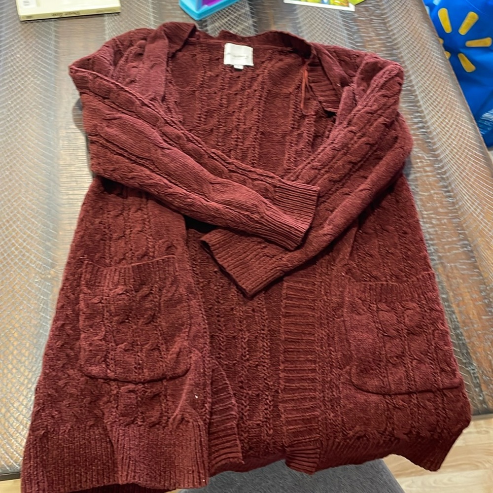 Cardigan open knit sweater , red/brown Medium